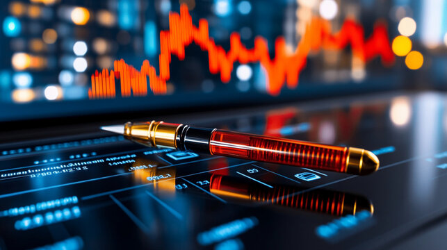 Luxury Fountain Pen on Modern Digital Workspace with Graphs