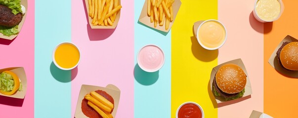 Delicious fast food with hamburger, fries and drink and sauces on a minimalisticbackground with space for text