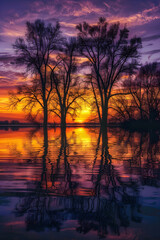 Tranquil Landscape at Dusk with Silhouetted Trees and Reflective Water in Warm Sunset Hues