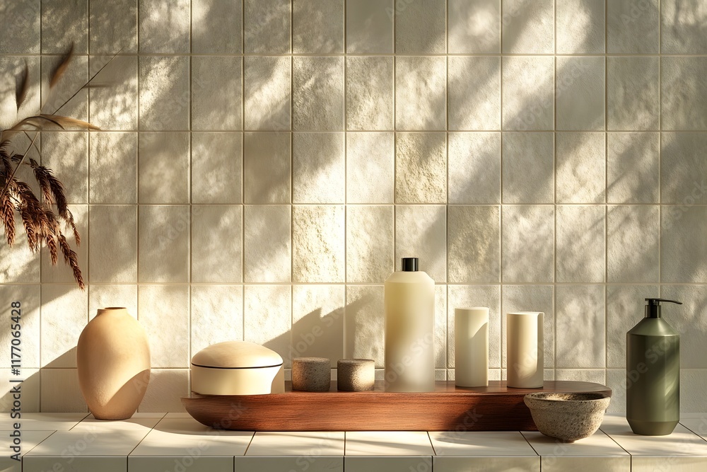 Poster display of textured items in sunlit tiled setting