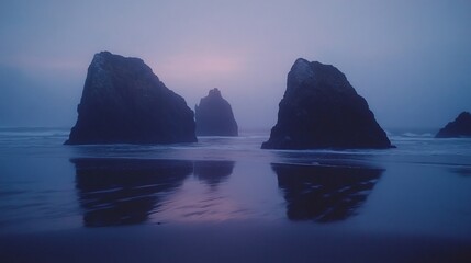 Naklejka premium Serene Twilight at Cannon Beach: Oregon Coast Rocks Reflecting in Calm Waters