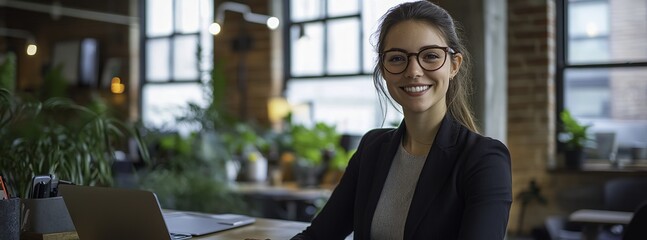 Confident businesswoman in professional attire smiling while working on a laptop at an office desk