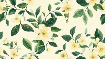 Elegant Watercolor Floral Pattern: Creamy Yellow Blossoms and Lush Green Foliage
