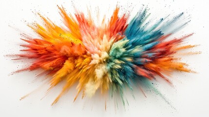 A vibrant and dynamic display of multicolored holi powder paint erupting in an explosive fashion, creating a stunning and mesmerizing rainbow effect against a crisp white background.