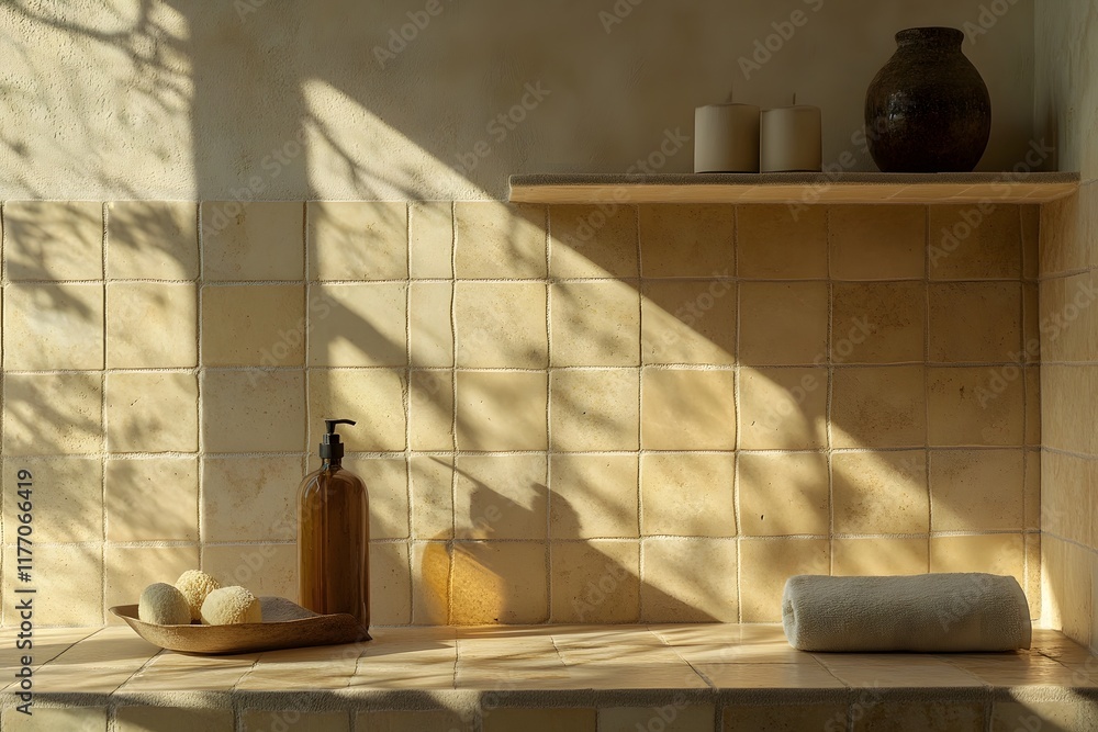 Poster thoughtfully arranged elements bathed in warm sunlight and gentle shadows creating a serene and