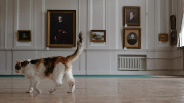 domestic cat in another castle palace with paintings. whiskered four-legged friend of the family