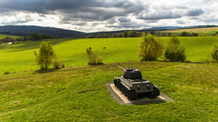 Fototapeta premium Tanks on Death Valley battlefield or Udolie Smrti in Slovakia, aerial drone view