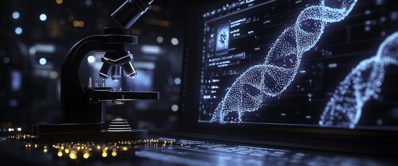 Obraz premium A futuristic DNA double helix hologram illuminated on a dark blue background with shining lights