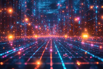 Fototapeta premium Neon light trails stream through digital cityscape under dark sky