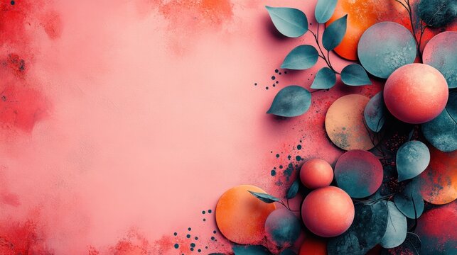 A soft pink backdrop with bold circular patterns in muted tones and a blank middle section 