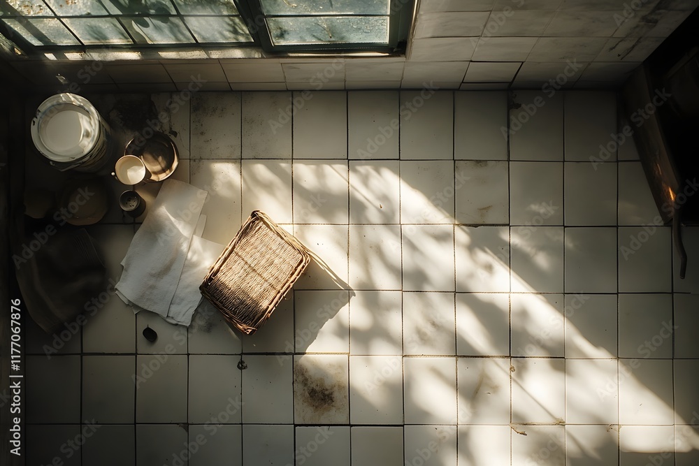 Poster warm sunlight filters through tiled surface with assortment of everyday items