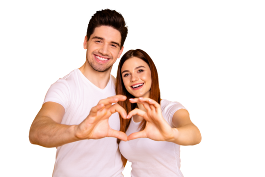 Close up photo amazing beautiful she her he him his guy lady hands arms fingers make heart figure form romance mood hugging sincere wear casual white t-shirts outfit isolated yellow background - Powered by Adobe