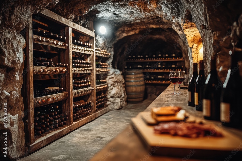 Aufkleber Elegant wine cellar featuring vintage bottles and a tasting setup with red wine and assorted meats. Generative AI