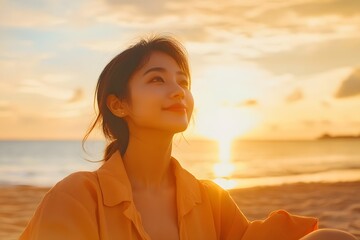 Fototapeta premium Asian Businesswoman Enjoys Serene Sunset at Luxury Beach Resort