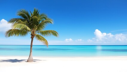 A ocean beach scene with palm tree leaves background at summer