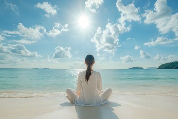 Fototapeta premium Tranquil Moment at Private Resort Asian Businesswoman Meditating on Pristine Beach