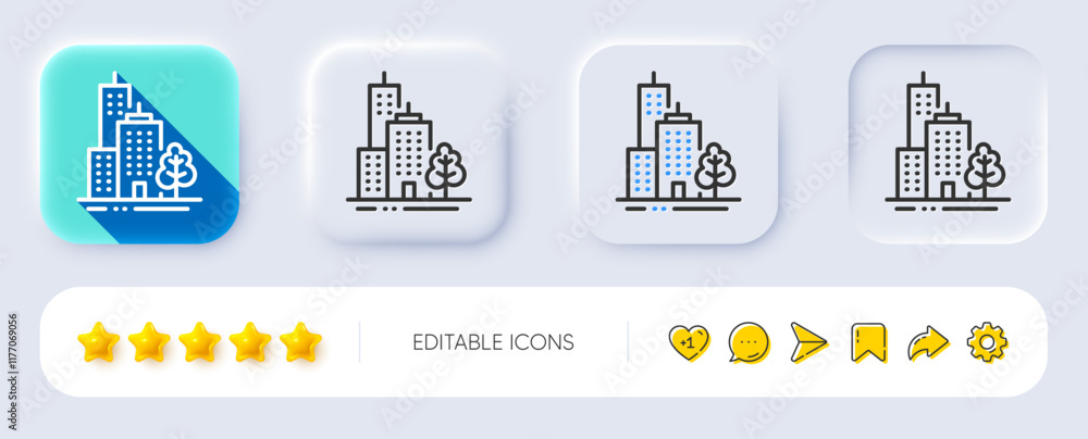 Poster skyscraper buildings line icon. neumorphic, flat shadow, 3d buttons. city architecture with tree sig