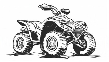 A monochrome illustration of a powerful ATV. Ideal for off-road vehicle branding, adventure tour logos, or motorsport-related designs.