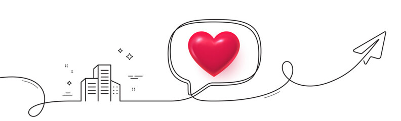 Buildings line icon. Continuous line with share plane. City architecture sign. Skyscraper building symbol. 3d heart in speech bubble. Buildings single line ribbon. Loop curve pattern. Vector