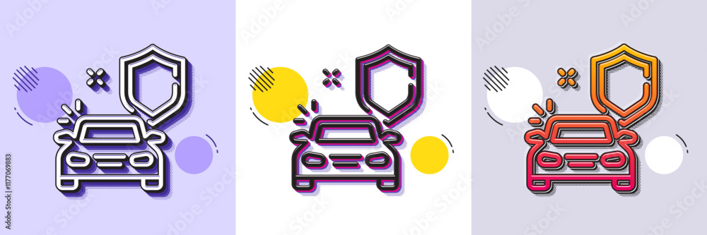 Poster car secure line icon. halftone dotted pattern. gradient icon with grain shadow. insurance shield sig