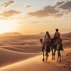 A couple riding camels looking over the desert