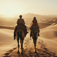 A couple riding camels in the desert 