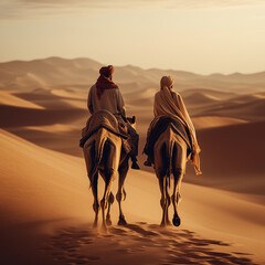 A couple riding camels through a vast desert landscape, with soft golden light