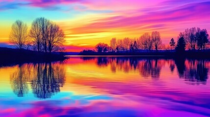 Fototapeta premium Vibrant Sunset Reflection on Serene Lake