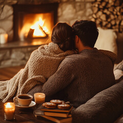 A cozy living room with a couple sitting together on a plush sofa in front of a roaring stone fireplace