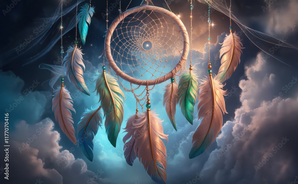 Wall mural illustration of mystical native american dreamcatcher with colorful feathers over sky with clouds