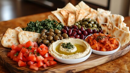 A vibrant Mediterranean mezze platter with hummus baba ganoush olives and pita bread