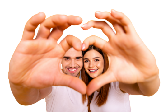 Close up photo amazing she her he him his guy lady hands arms fingers make heart figure faces inside form married spouse romance mood wear casual white t-shirts outfit isolated yellow background