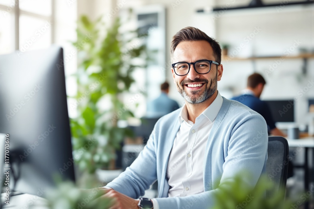 Poster a smiling man in glasses and light attire sits at a desk in a bright office with blurred coworkers a
