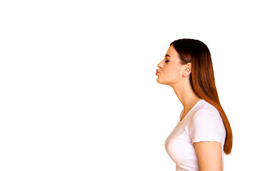 Close up side profile photo beautiful her she lady wait send air kisses empty space long straight...