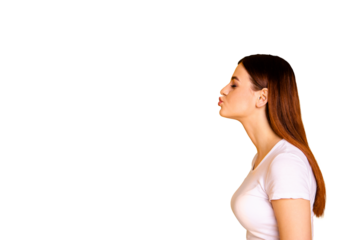 Close up side profile photo beautiful her she lady wait send air kisses empty space long straight perfect hair eyes closed attractive appearance wear casual white t-shirt isolated yellow background