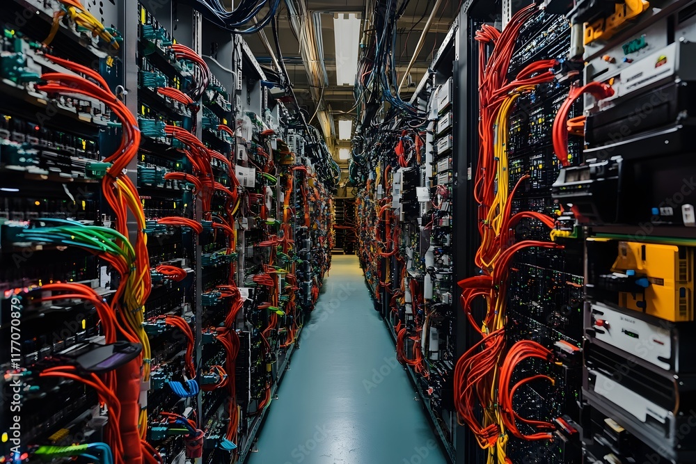 Poster rows of neatly arranged servers in futuristic server room with colorful cables and blinking lights