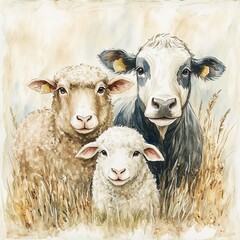 Obraz premium Whimsical watercolor cozy rustic farm animals include Whimsical watercolor of cozy rustic farm animals Hand-painted farm animals in a charming countryside style Artistic watercolor featuring playful