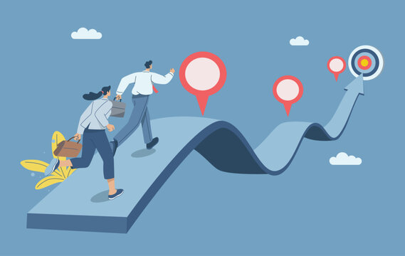 Business team running on project timeline, Project planning to develop the timeline of business progress, Roadmap, Work duration review, Key route map with action plans. Vector design illustration.