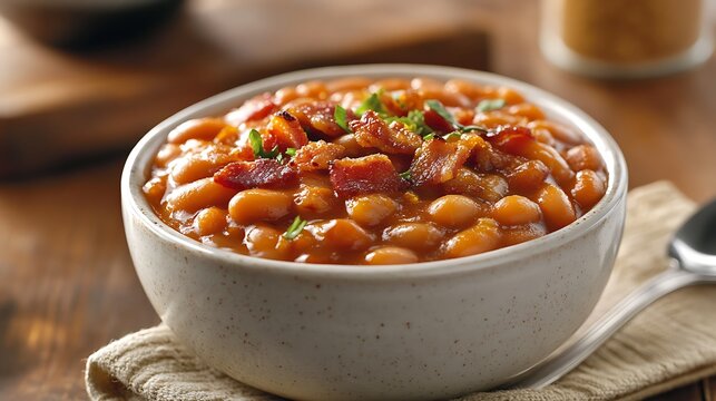A warm bowl of baked beans with smoky bacon and a hint of brown sugar