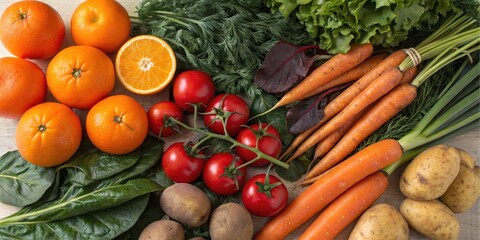 A vibrant collection of fresh produce, including juicy oranges, ripe tomatoes, crisp carrots, and earthy potatoes, complemented by verdant greens