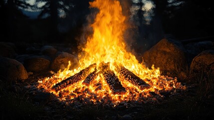 Roaring campfire burning brightly at night in a forest clearing with dark trees in background, perfect for camping or survival themes