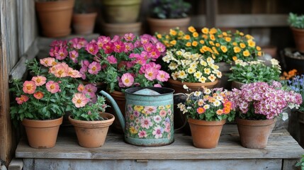 Colorful flower display with watering can at a garden shop during daylight hours