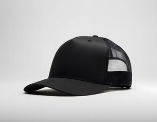 Blank trucker shining hat mockup isolated on a dark white greyish background photography closeup shot

