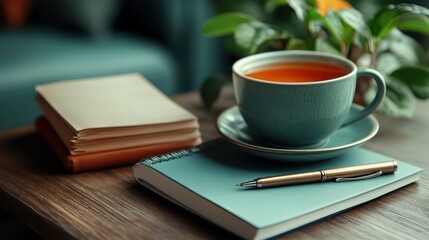 Naklejka premium Cozy Reading Nook: A Cup of Tea, Books, and a Pen