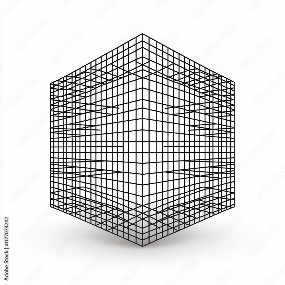 Poster abstract 3d wireframe cube grid structure geometric design element black lines on white background