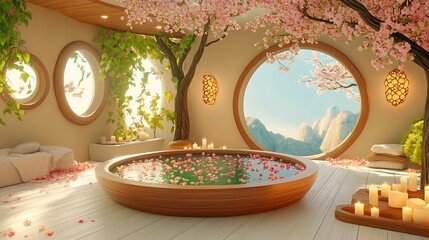 Fototapeta premium Tranquility and Balance Spa Ritual, Luxurious Indoor Spa Room Featuring a Serene Atmosphere with Blossoming Trees, Candlelight, and a Peaceful Water Feature Surrounded by Nature