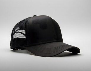 Blank trucker shining hat mockup isolated on a dark white greyish background photography closeup shot
