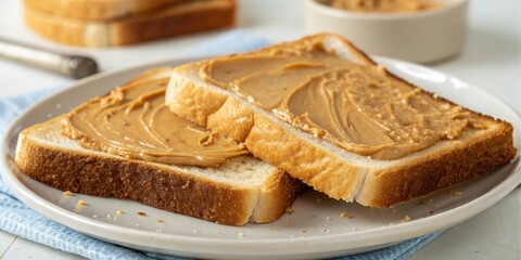 Two slices of toasted bread with peanut butter spread on a plate