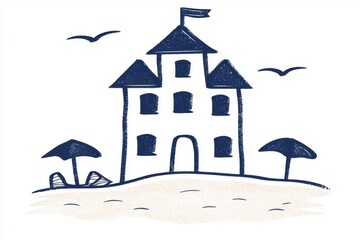 Naklejka premium Beach House Illustration Coastal Cottage Seaside Vacation Summer Home Sand Ocean View Blue