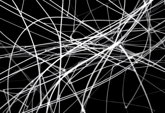 Striking abstract lines and patterns created by intertwining white threads against a black background, evoking a sense of complexity and depth in visual art